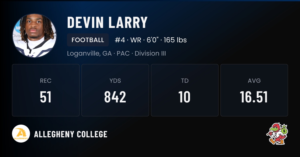 Devin Devin Larry Advanced Stats | Allegheny College Football | RallyFuel
